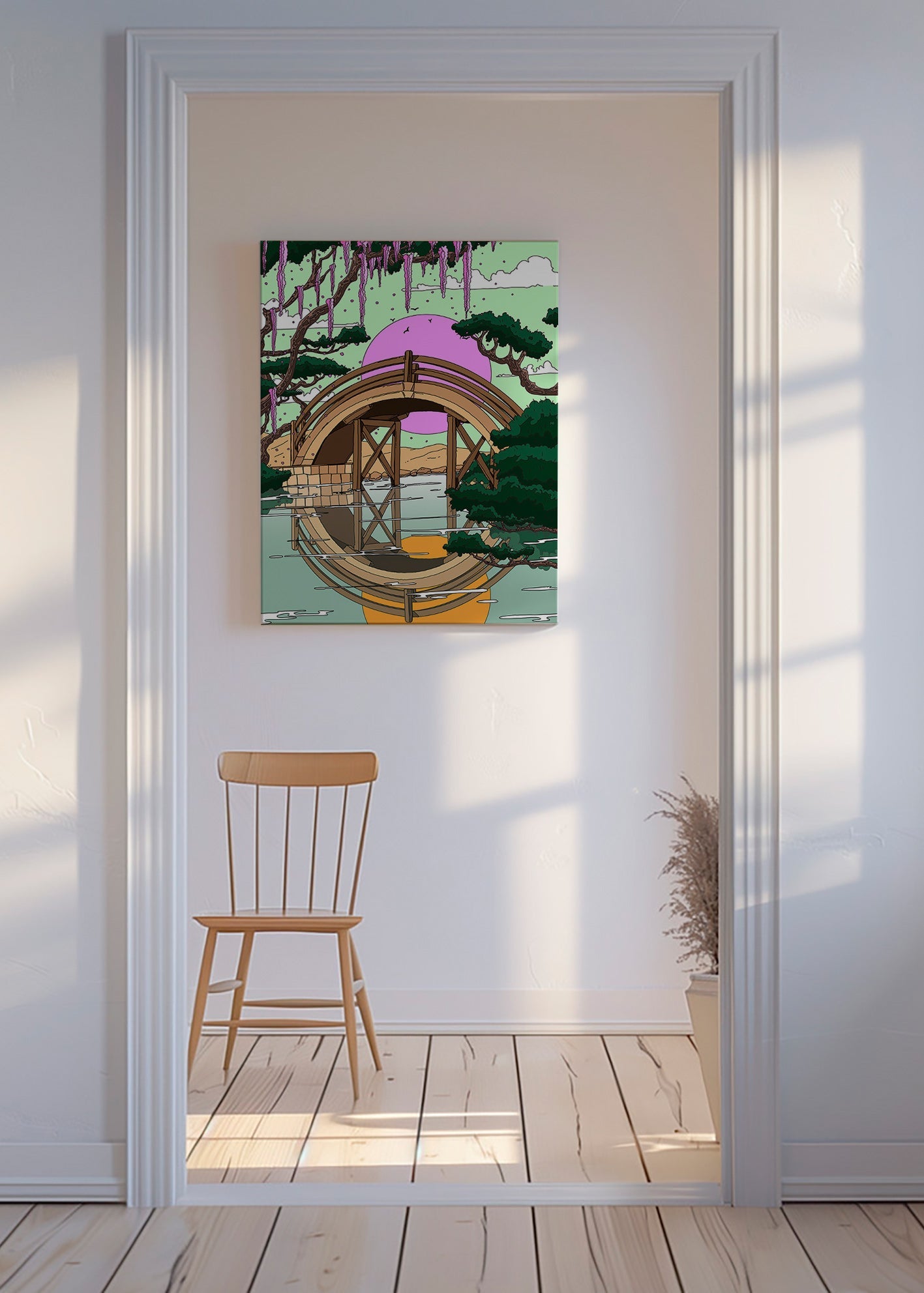 Landskabskunst: buet bro med spejling – Canvas
