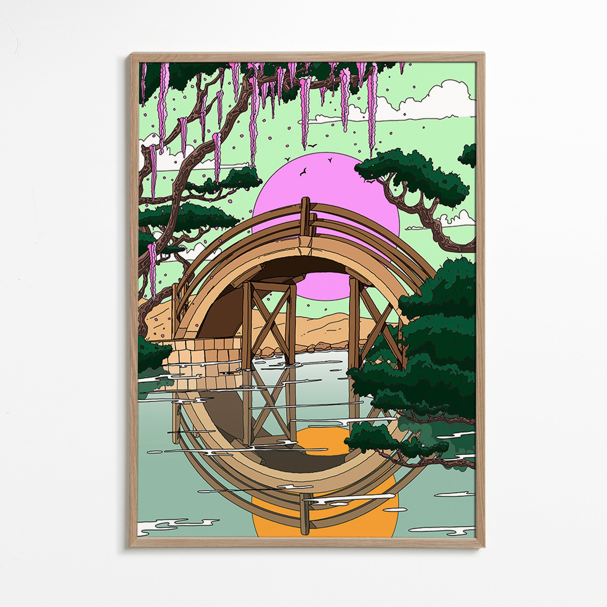 Landskabskunst: buet bro med spejling – Oak Frame