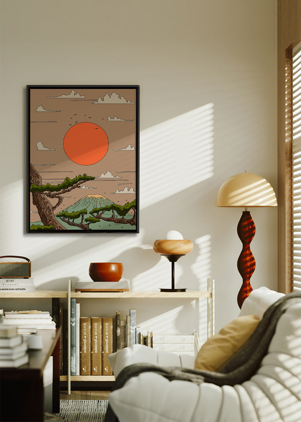 Landskab med orange sol og styliserede fyrretræer – Canvas1