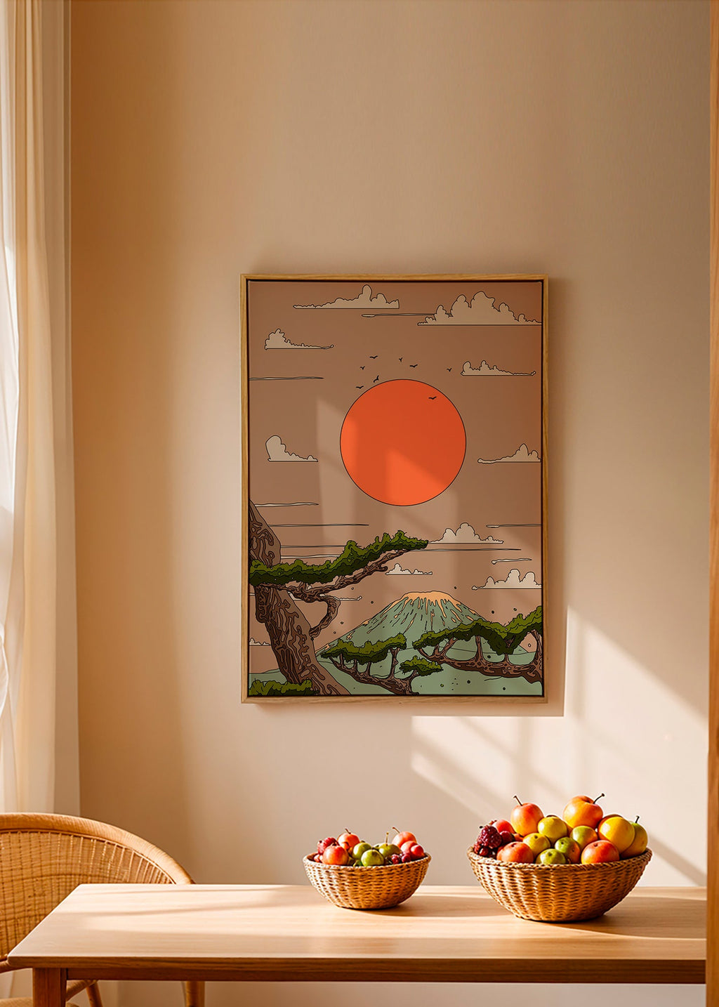 Landskab med orange sol og styliserede fyrretræer – Canvas2