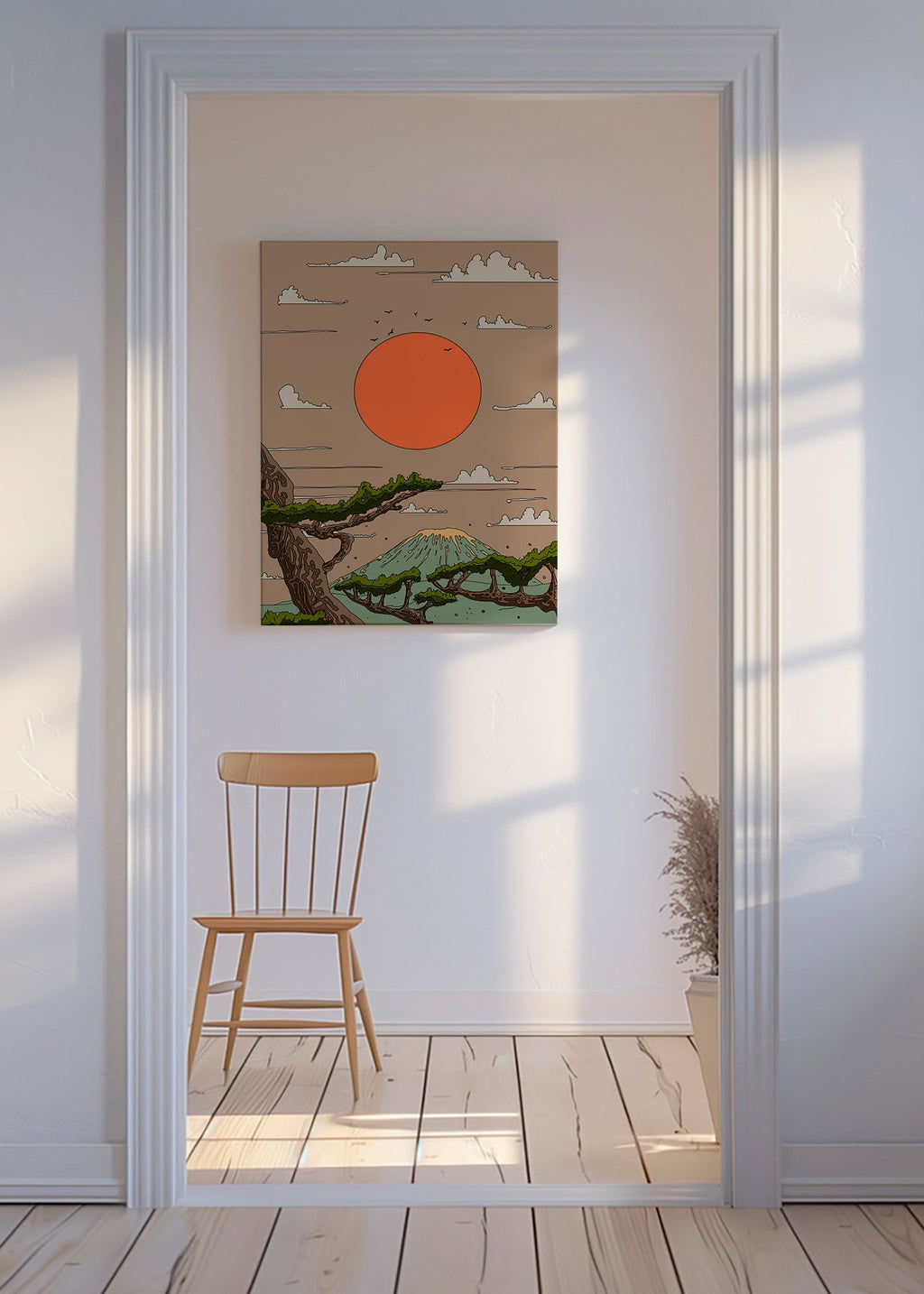 Landskab med orange sol og styliserede fyrretræer – Canvas