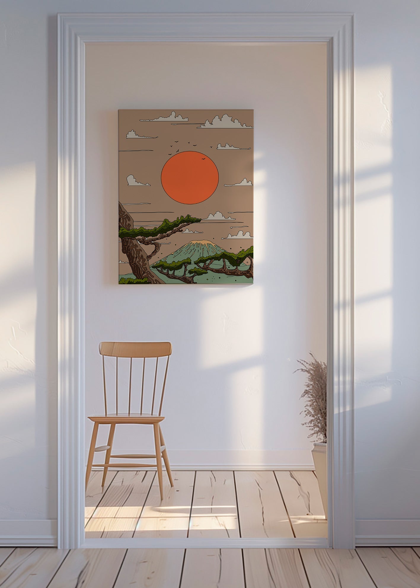 Landskab med orange sol og styliserede fyrretræer – Canvas