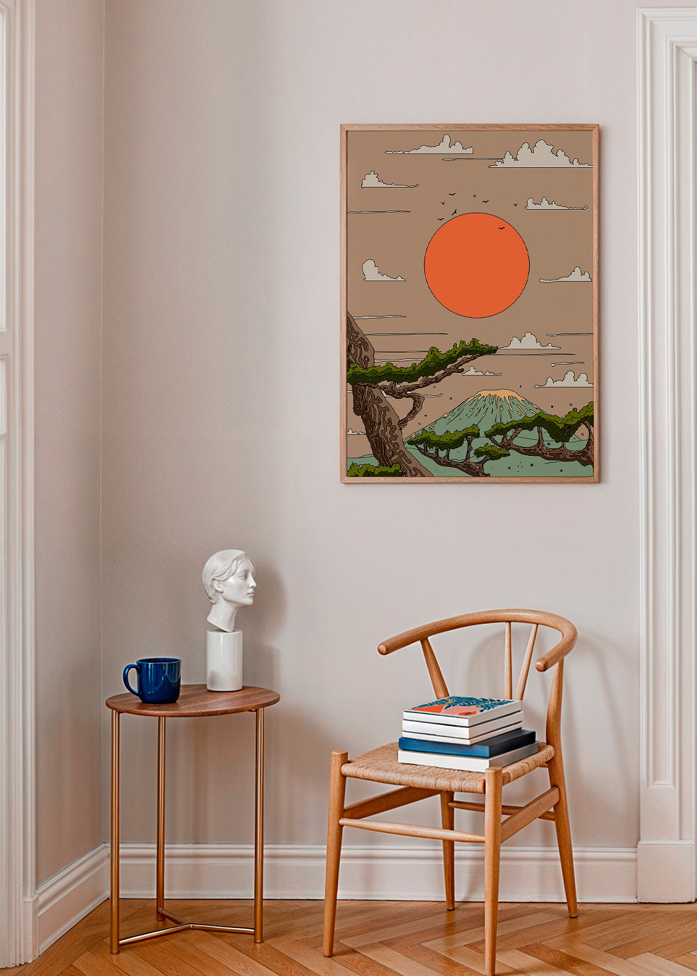 Landskab med orange sol og styliserede fyrretræer – Product1