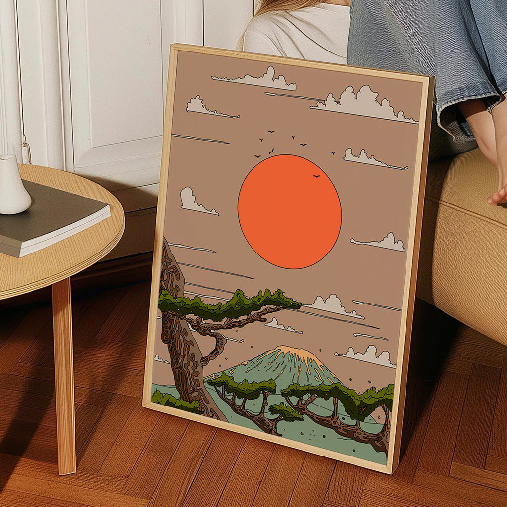 Landskab med orange sol og styliserede fyrretræer – Product2