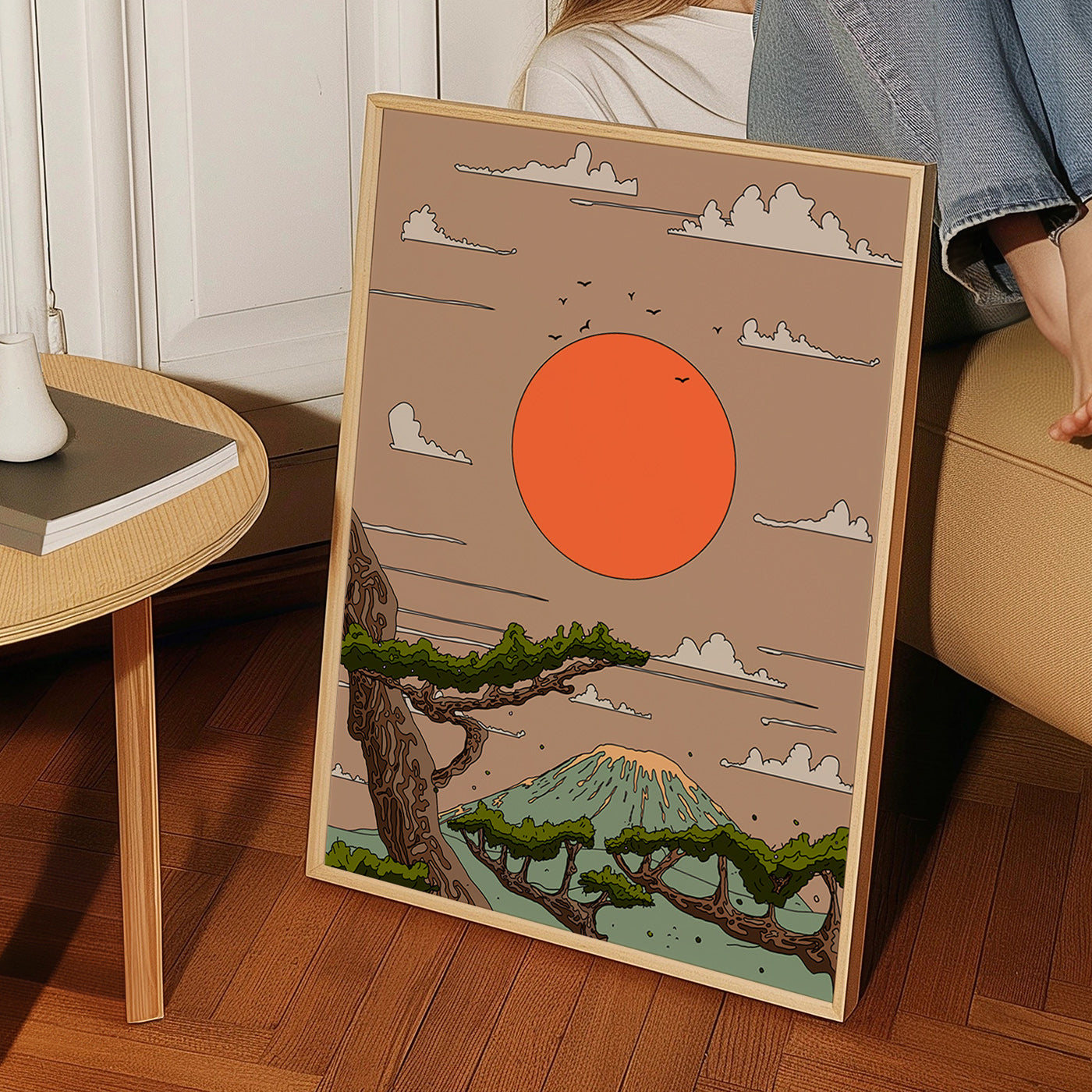Landskab med orange sol og styliserede fyrretræer – Product2