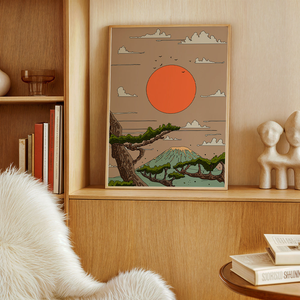 Landskab med orange sol og styliserede fyrretræer – Product3