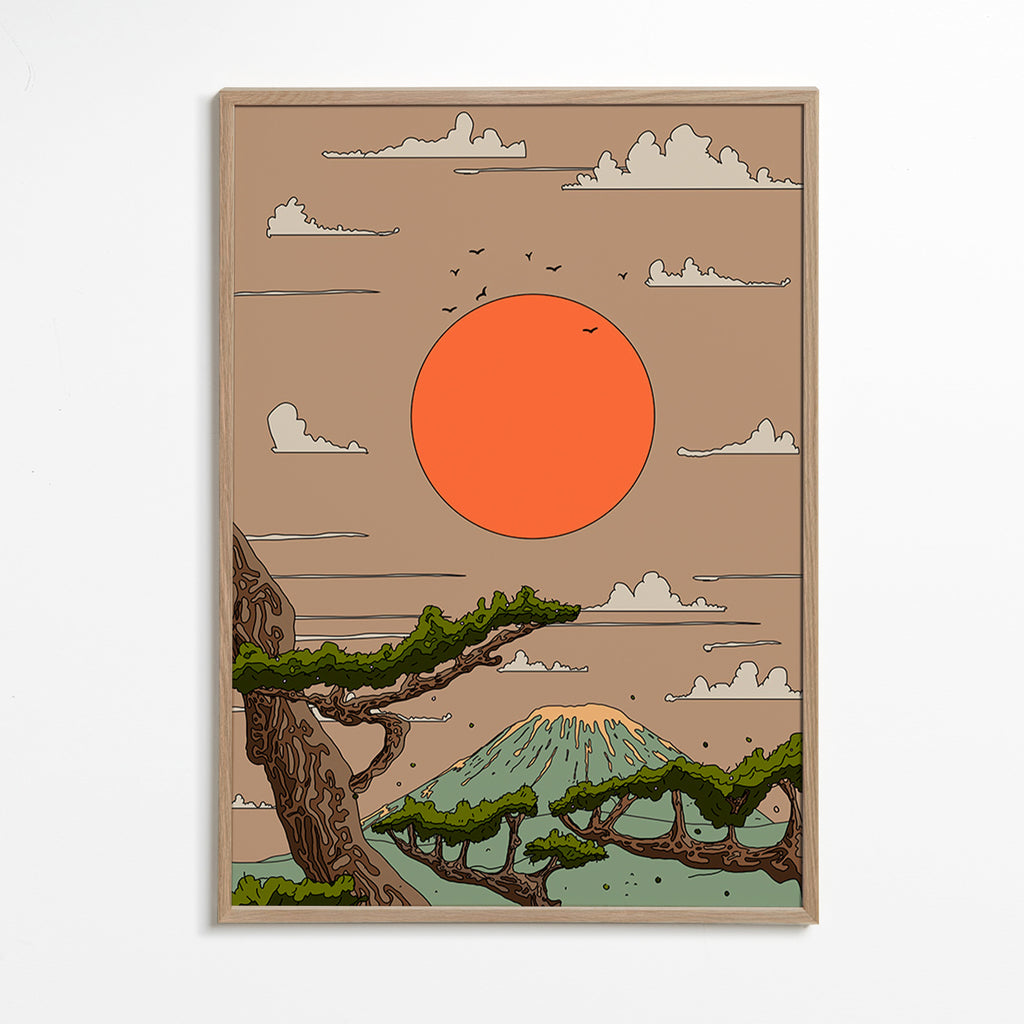 Landskab med orange sol og styliserede fyrretræer – Oak Frame