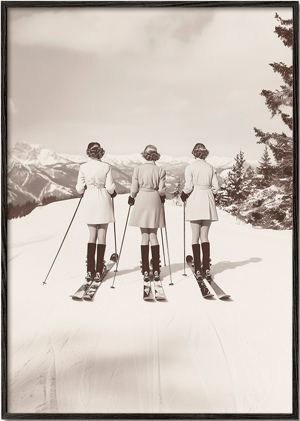 Vintage plakat: skiløbere på række – Black Frame