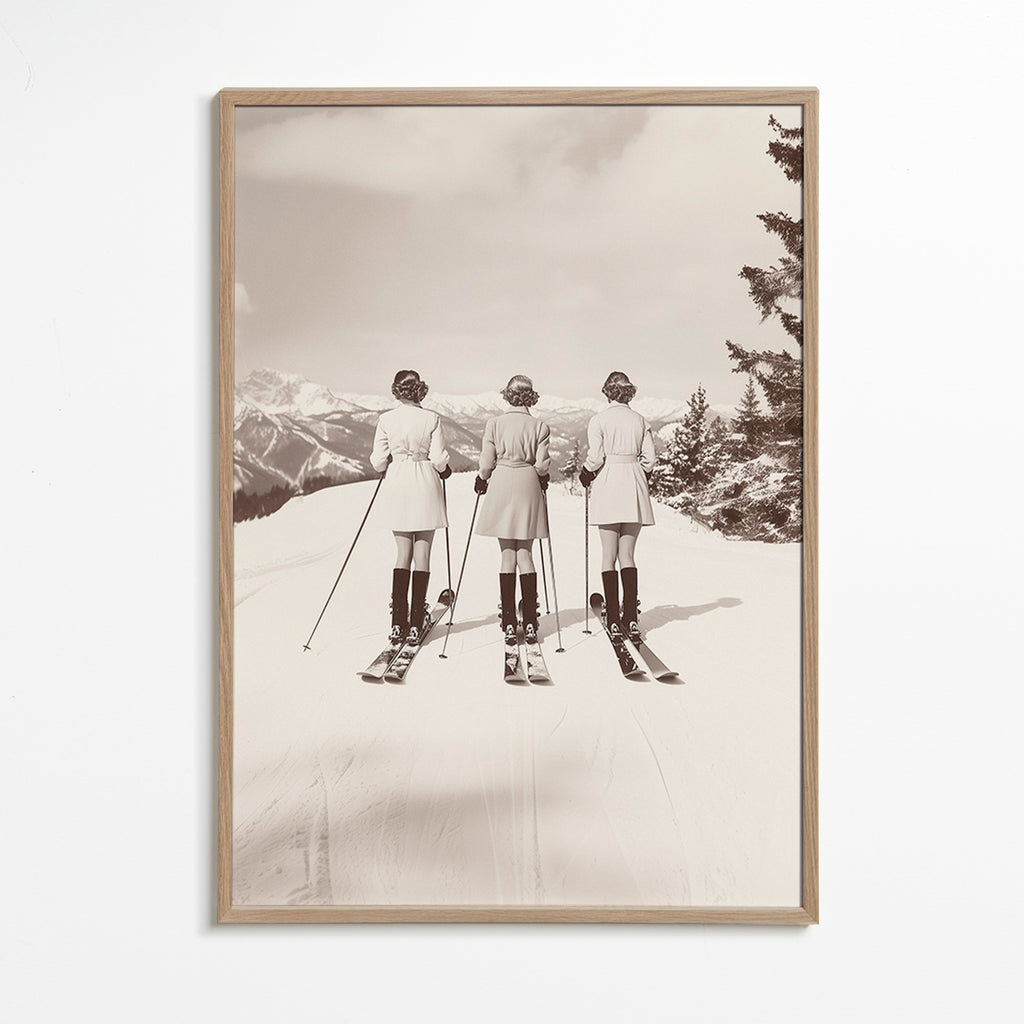 Vintage plakat: skiløbere på række – Oak Frame