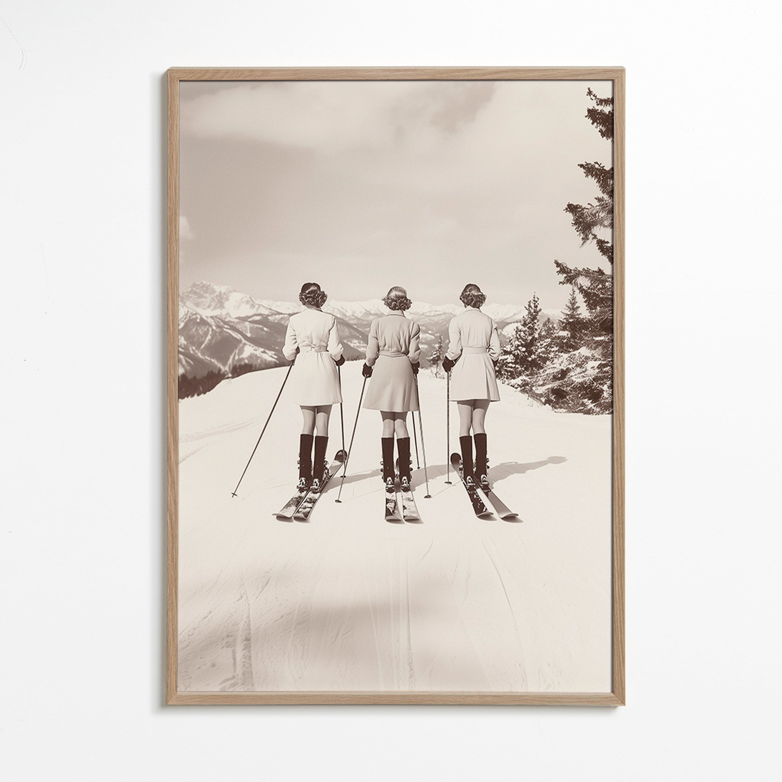 Vintage plakat: skiløbere på række – Oak Frame