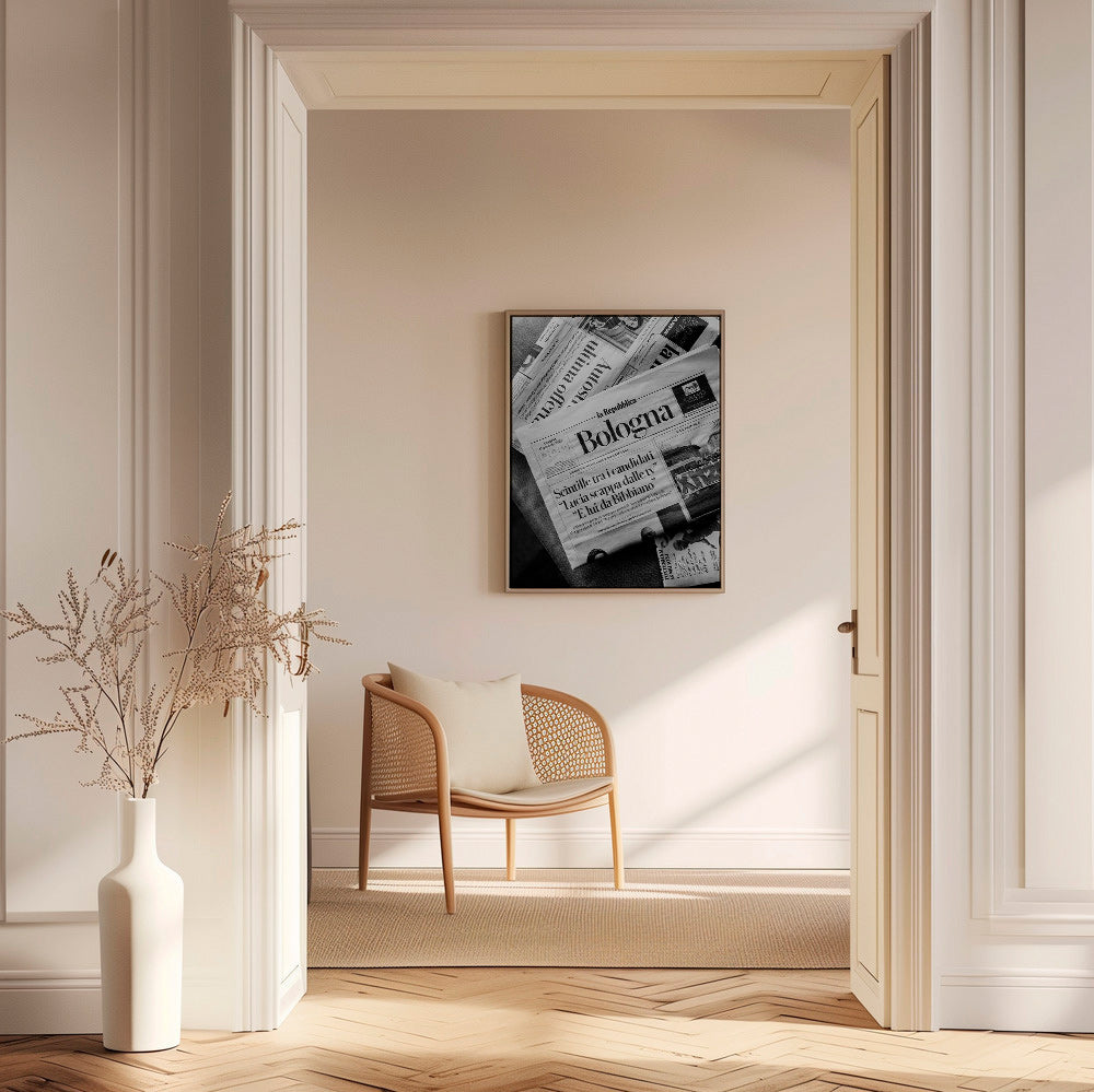 Bybillede med sort-hvid avisforside – Canvas1