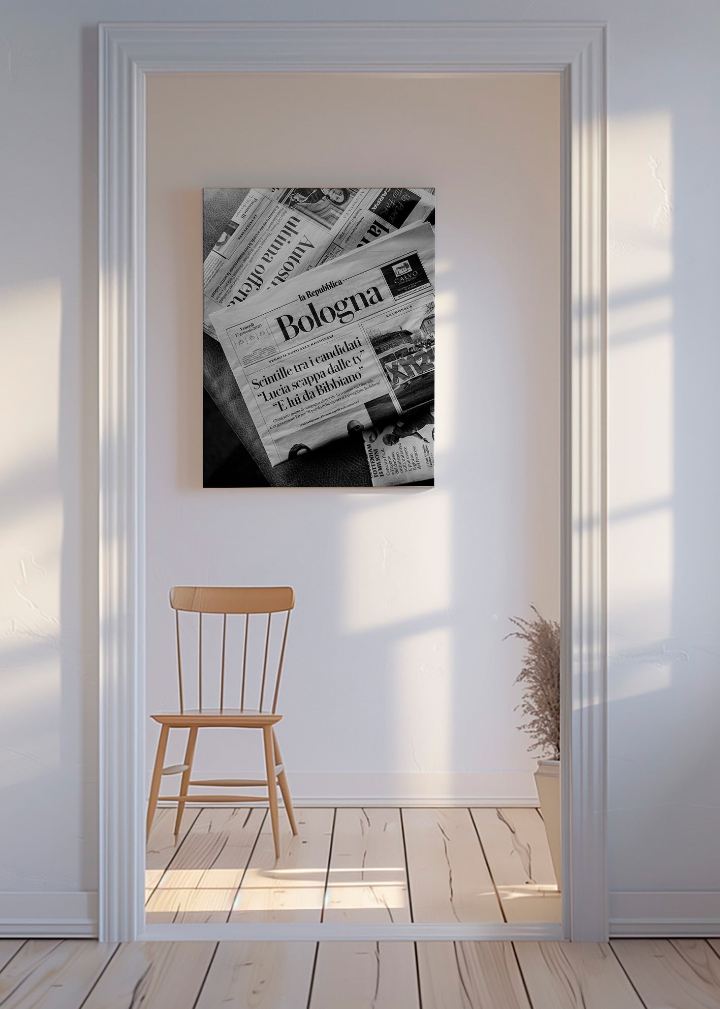 Bybillede med sort-hvid avisforside – Canvas