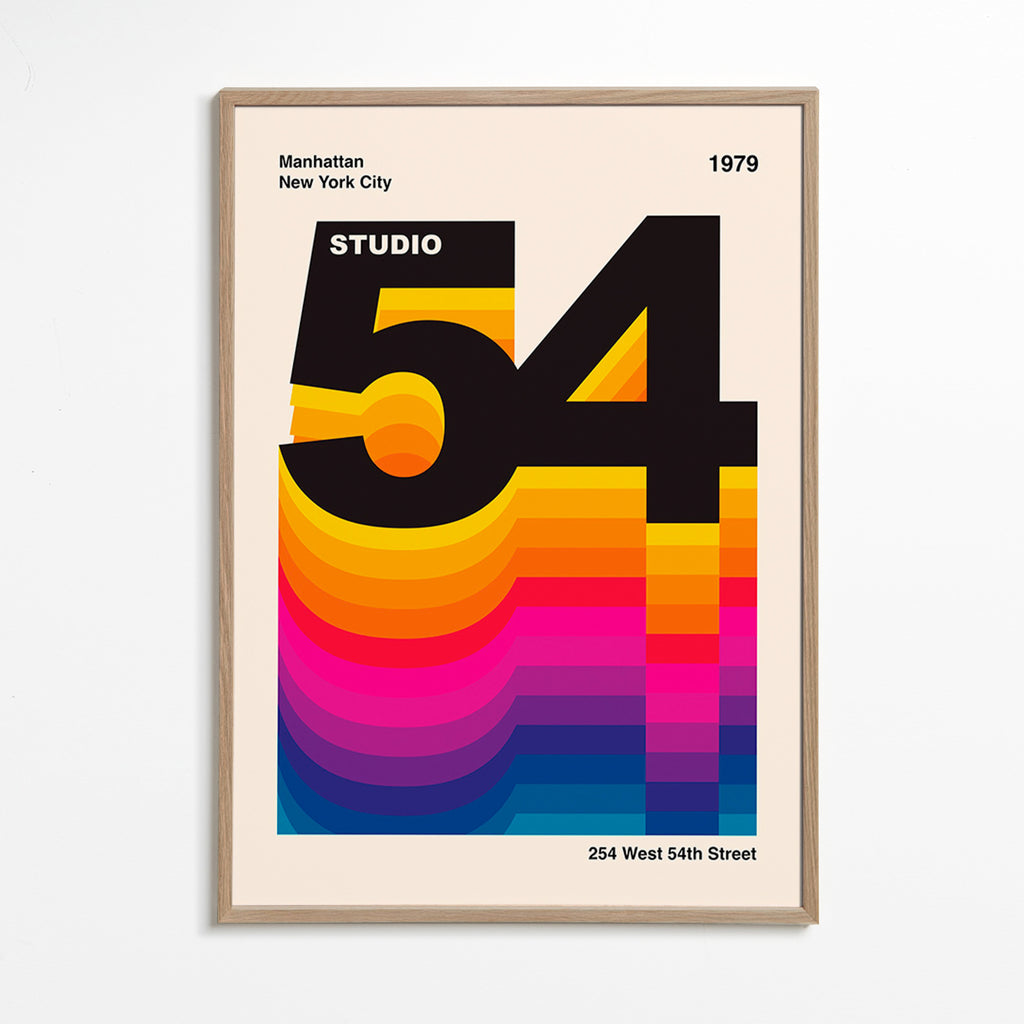Vintage print Studio 54 med farvebølger – Oak Frame