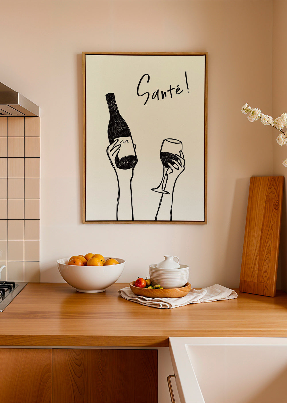 Køkkenkunst med vinflaske og glas – Canvas1