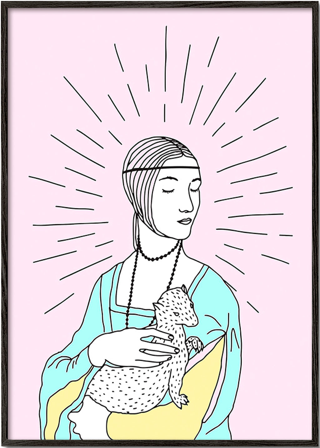 Illustration: dame med hermelin i pastelfarver – Black Frame