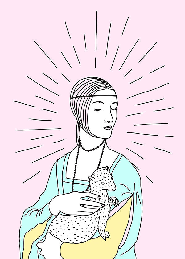 Illustration: dame med hermelin i pastelfarver