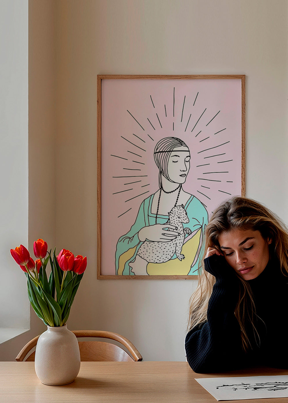 Illustration: dame med hermelin i pastelfarver – Product1