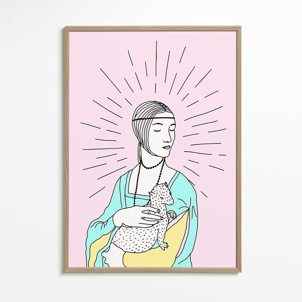 Illustration: dame med hermelin i pastelfarver – Oak Frame