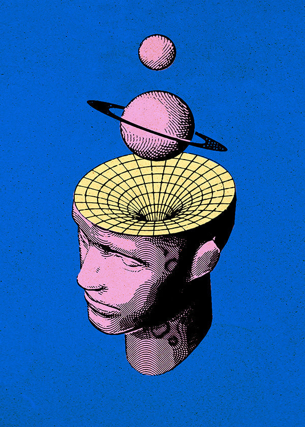 Surrealistisk illustration af hoved med planeter