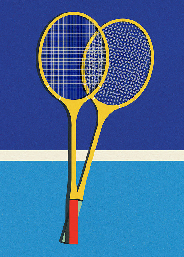 Sportplakat med gule badmintonketchere