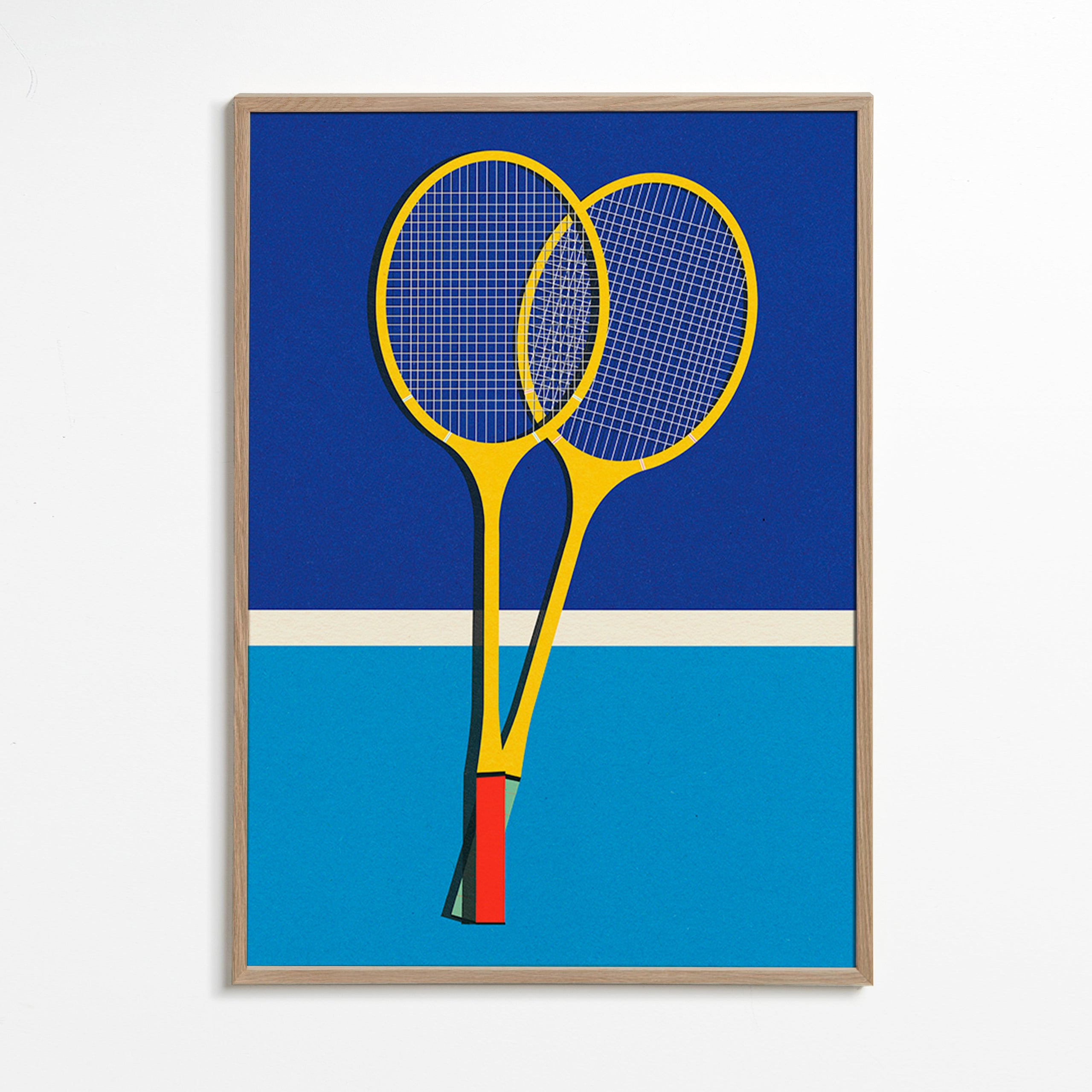 Sportplakat med gule badmintonketchere – Oak Frame