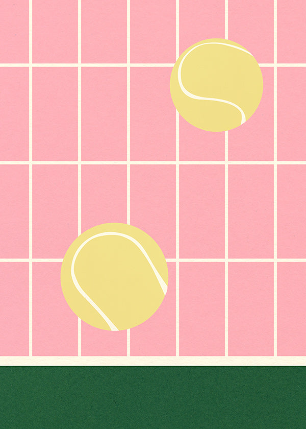 Tennis kunst med gule bolde på lyserødt gitter
