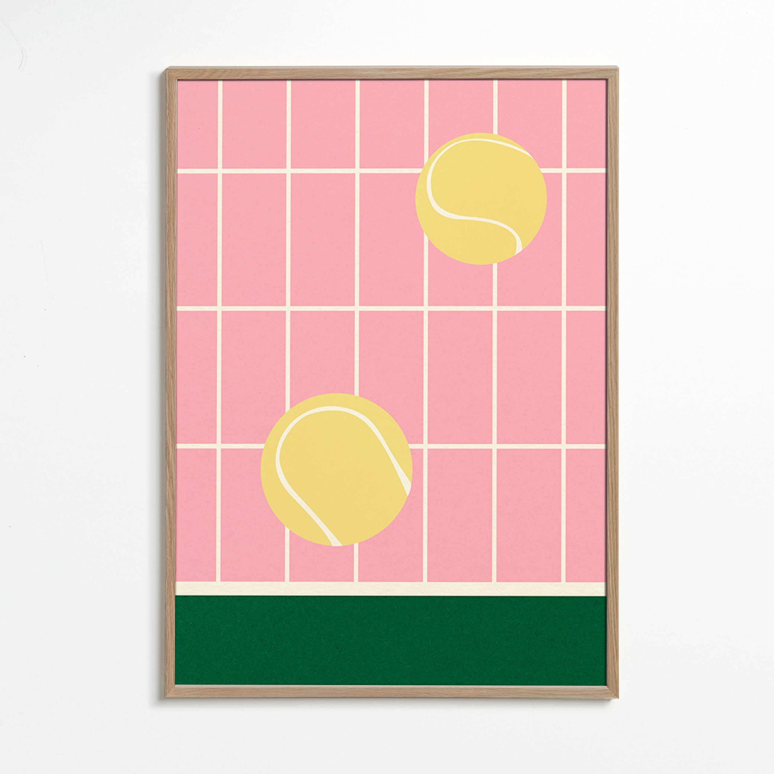 Tennis kunst med gule bolde på lyserødt gitter – Oak Frame