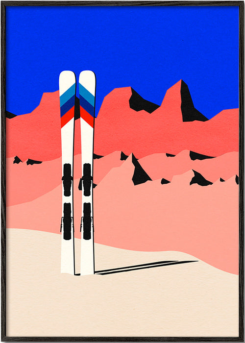 Sportsplakat med ski foran geometrisk bjerglandskab – Black Frame