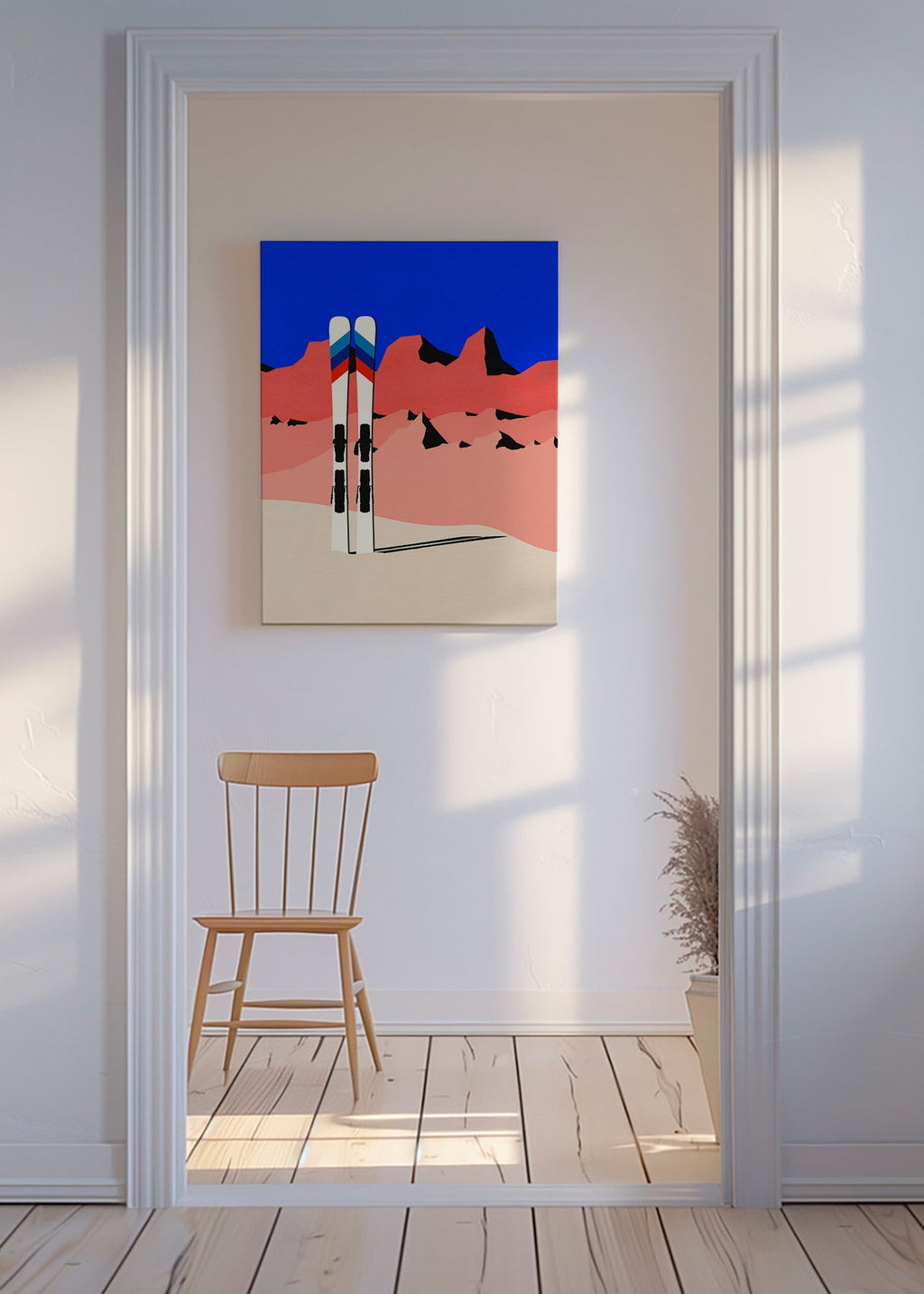 Sportsplakat med ski foran geometrisk bjerglandskab – Canvas