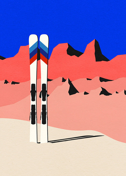 Sportsplakat med ski foran geometrisk bjerglandskab