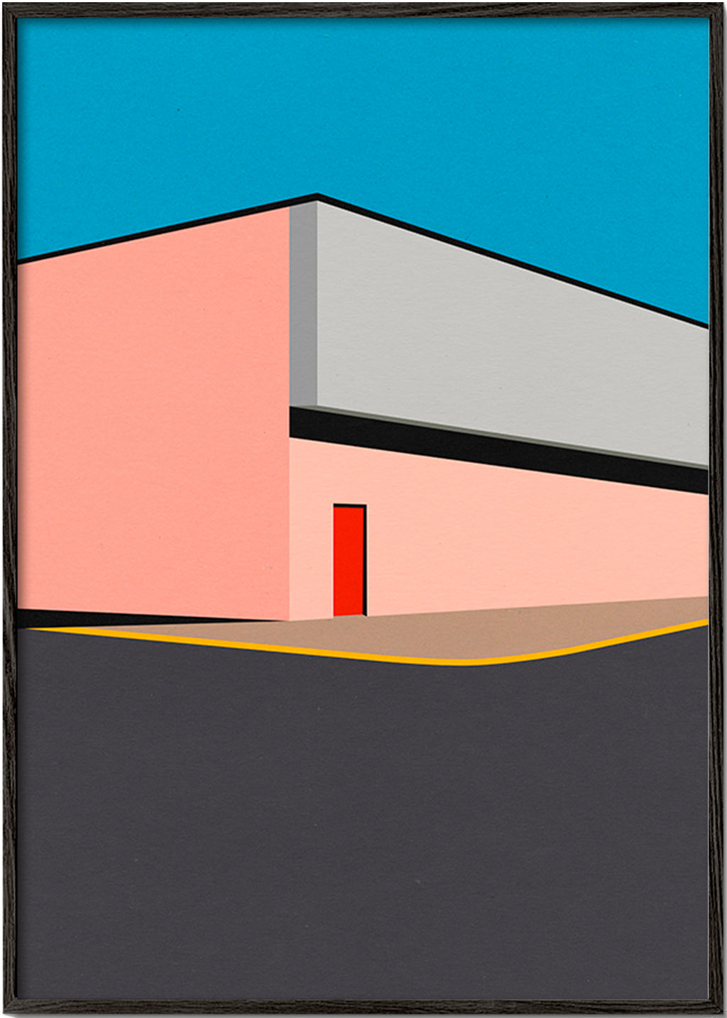 Minimal facade illustration med rød dør – Black Frame