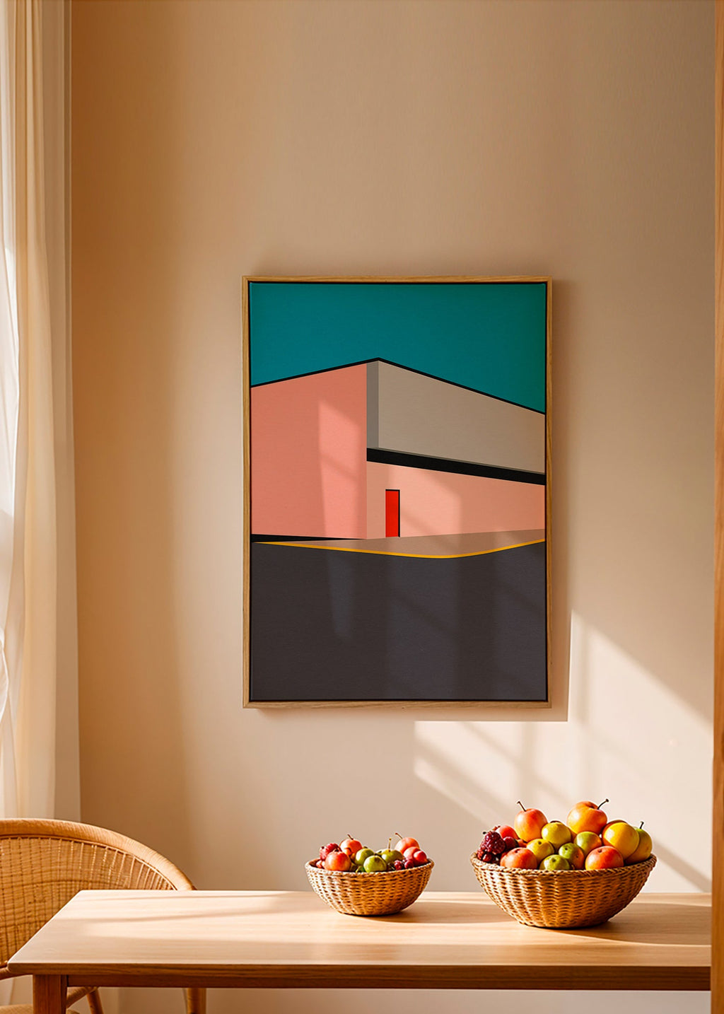 Minimal facade illustration med rød dør – Canvas1