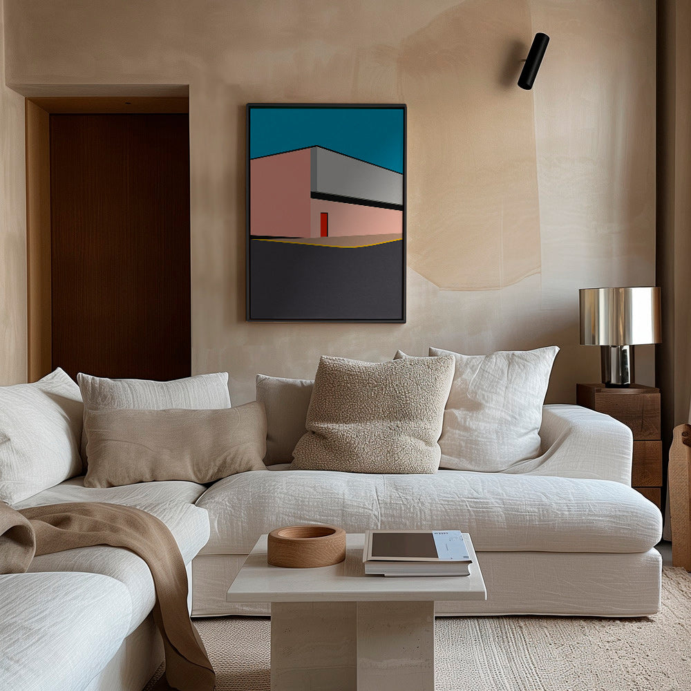 Minimal facade illustration med rød dør – Canvas2