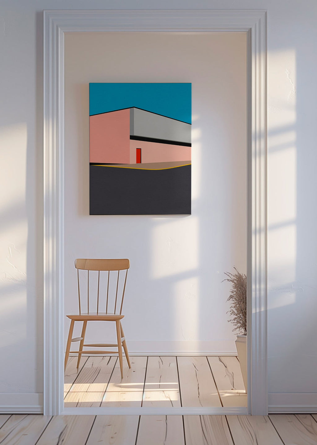 Minimal facade illustration med rød dør – Canvas