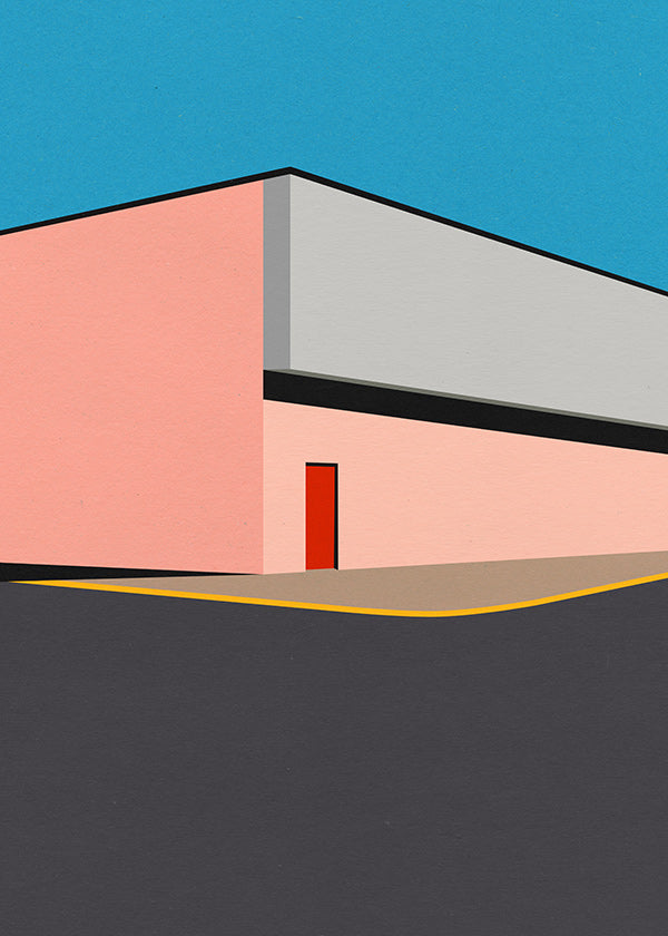 Minimal facade illustration med rød dør