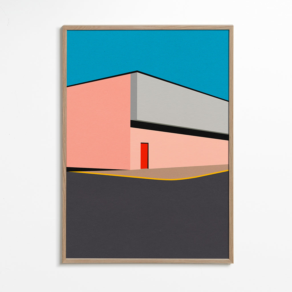 Minimal facade illustration med rød dør – Oak Frame