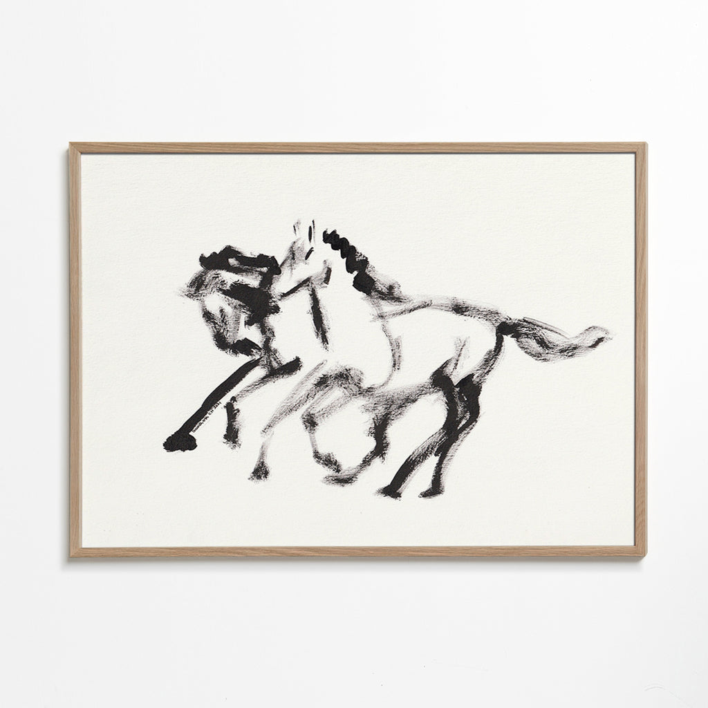 Blæk-heste maleri – Oak Frame