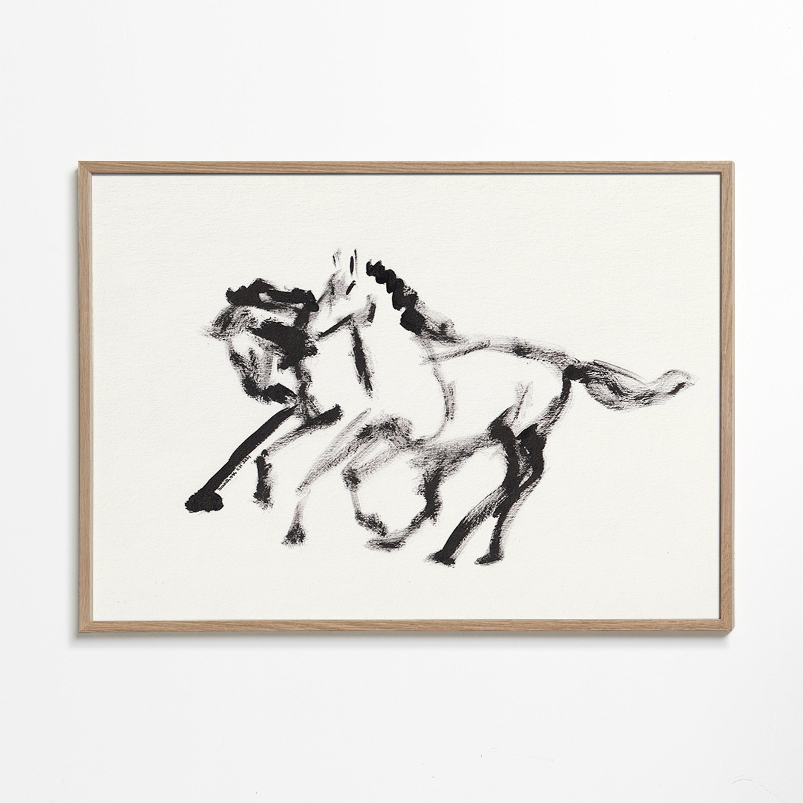 Blæk-heste maleri – Oak Frame