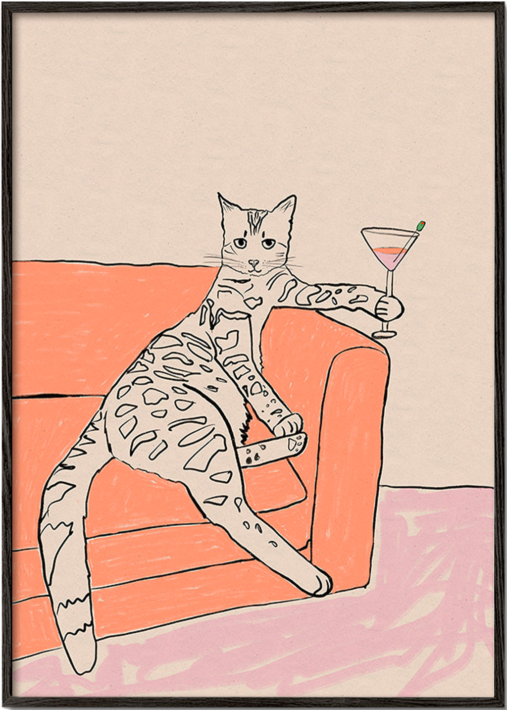 Køkkenkunst: kat med cocktail på sofaen – Black Frame