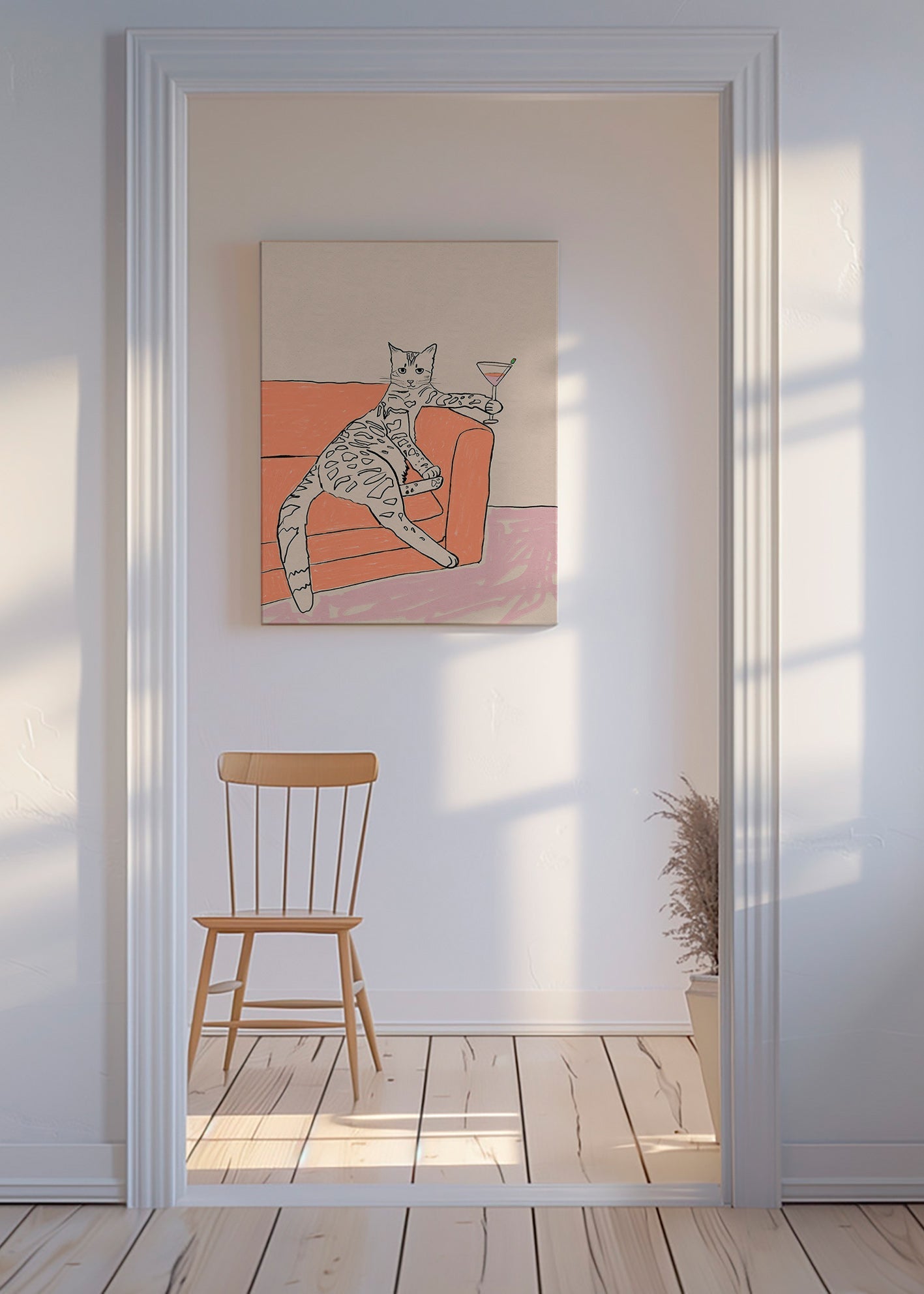 Køkkenkunst: kat med cocktail på sofaen – Canvas