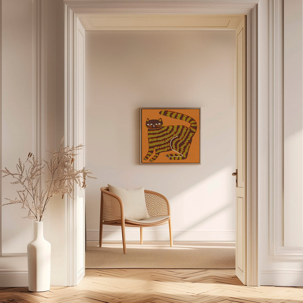Billede: stribet kat på orange baggrund – Canvas2