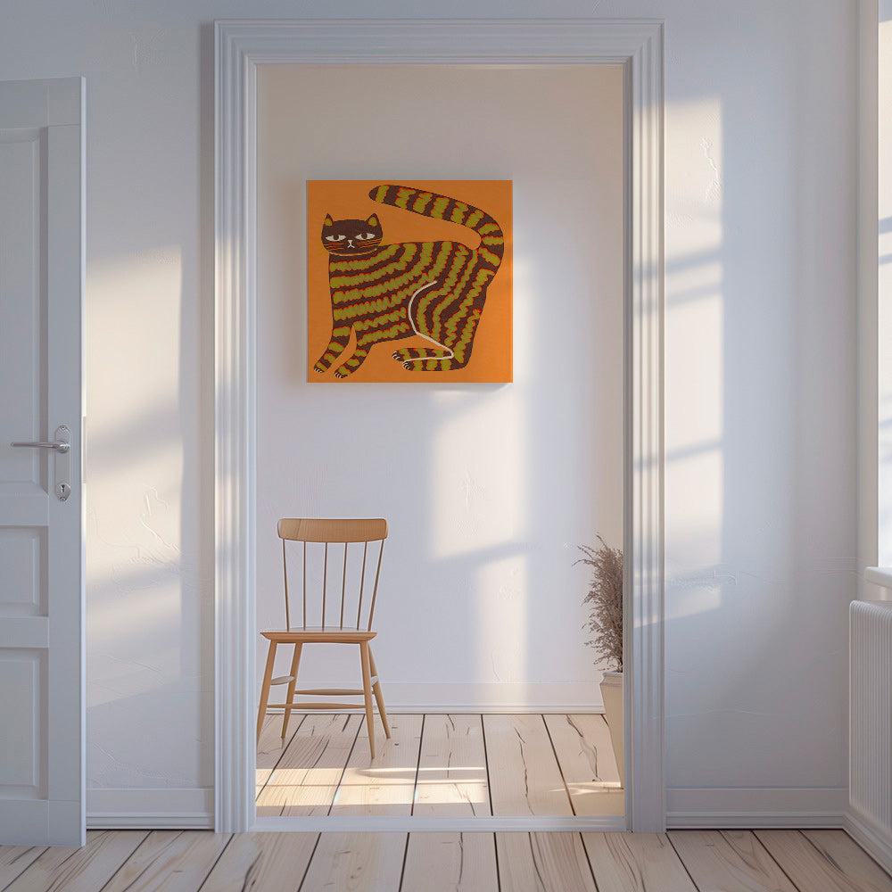 Billede: stribet kat på orange baggrund – Canvas