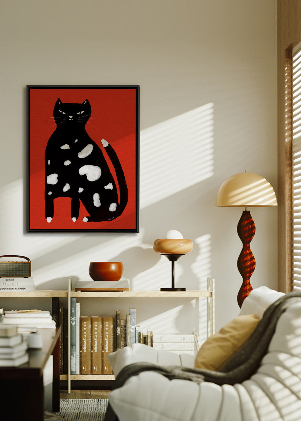 Kat med pletter på rød baggrund – Canvas2
