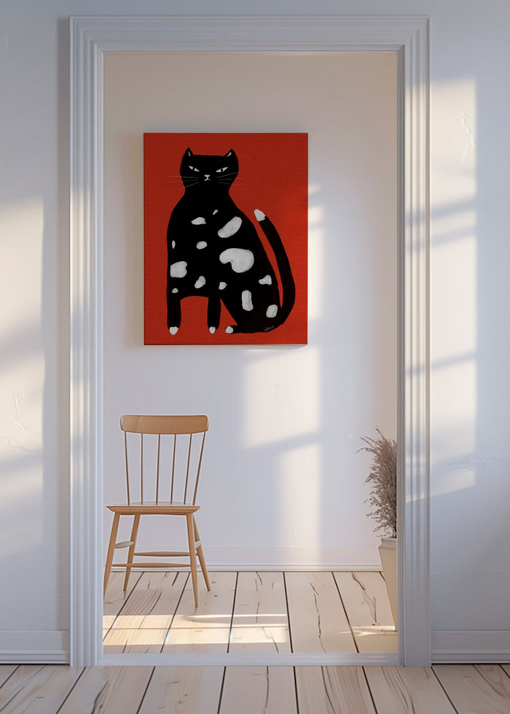 Kat med pletter på rød baggrund – Canvas