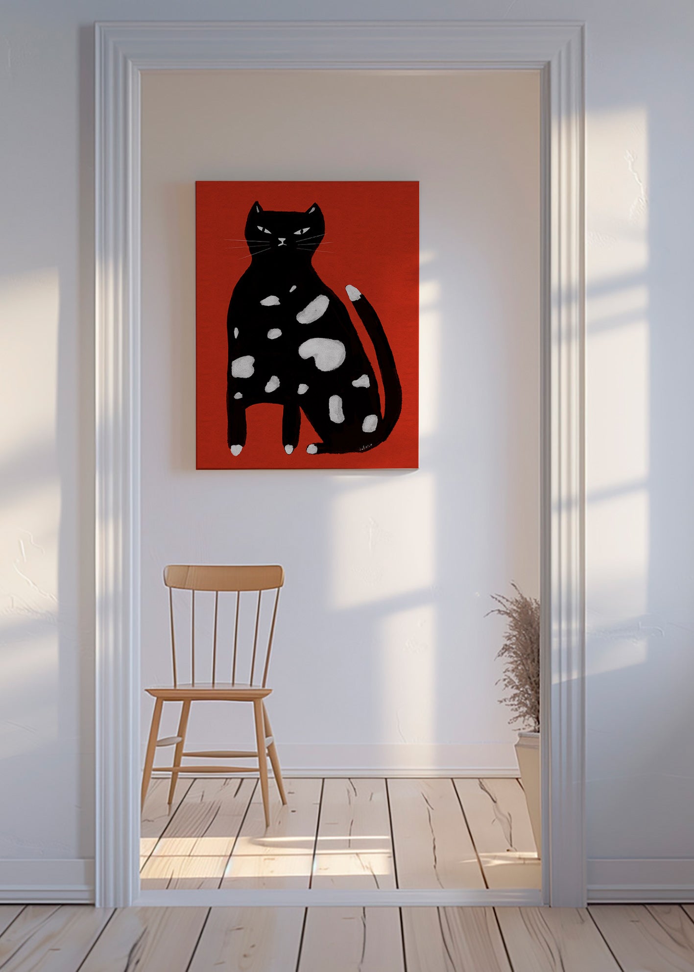 Kat med pletter på rød baggrund – Canvas