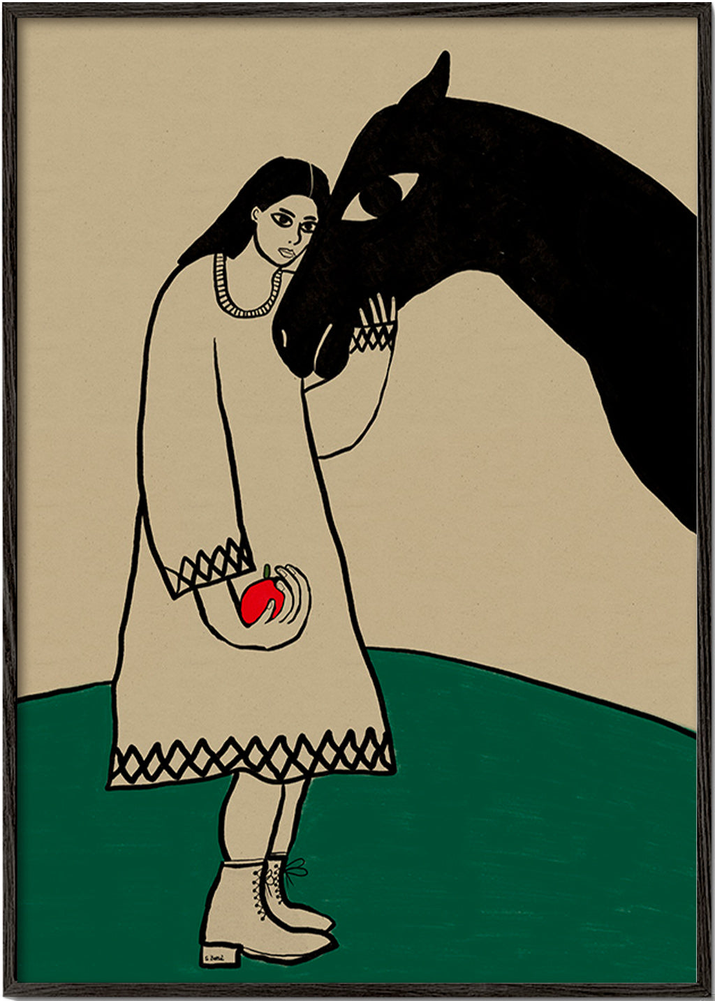 Hestillustration med kvinde og æble – Black Frame