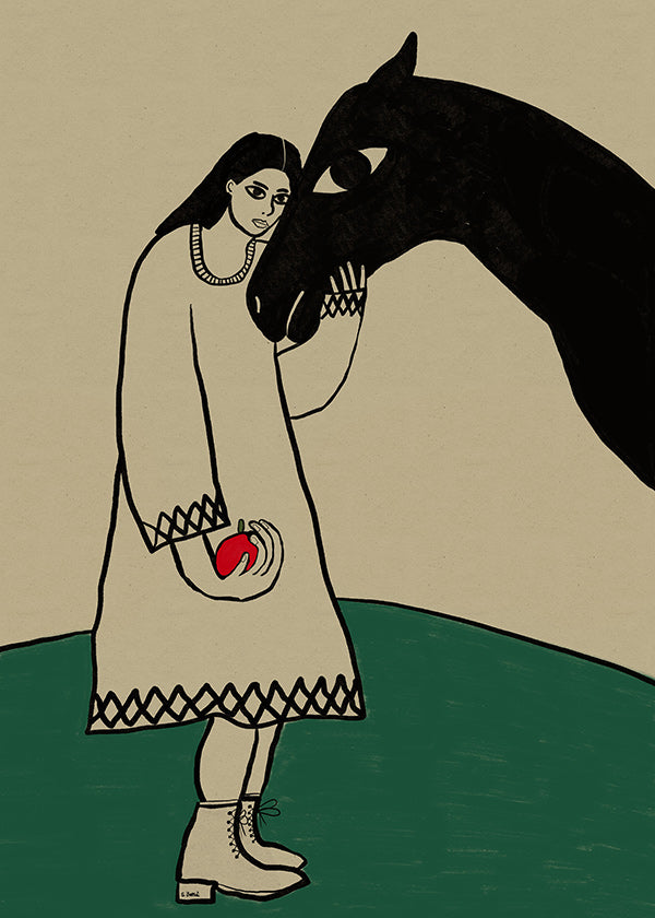 Hestillustration med kvinde og æble
