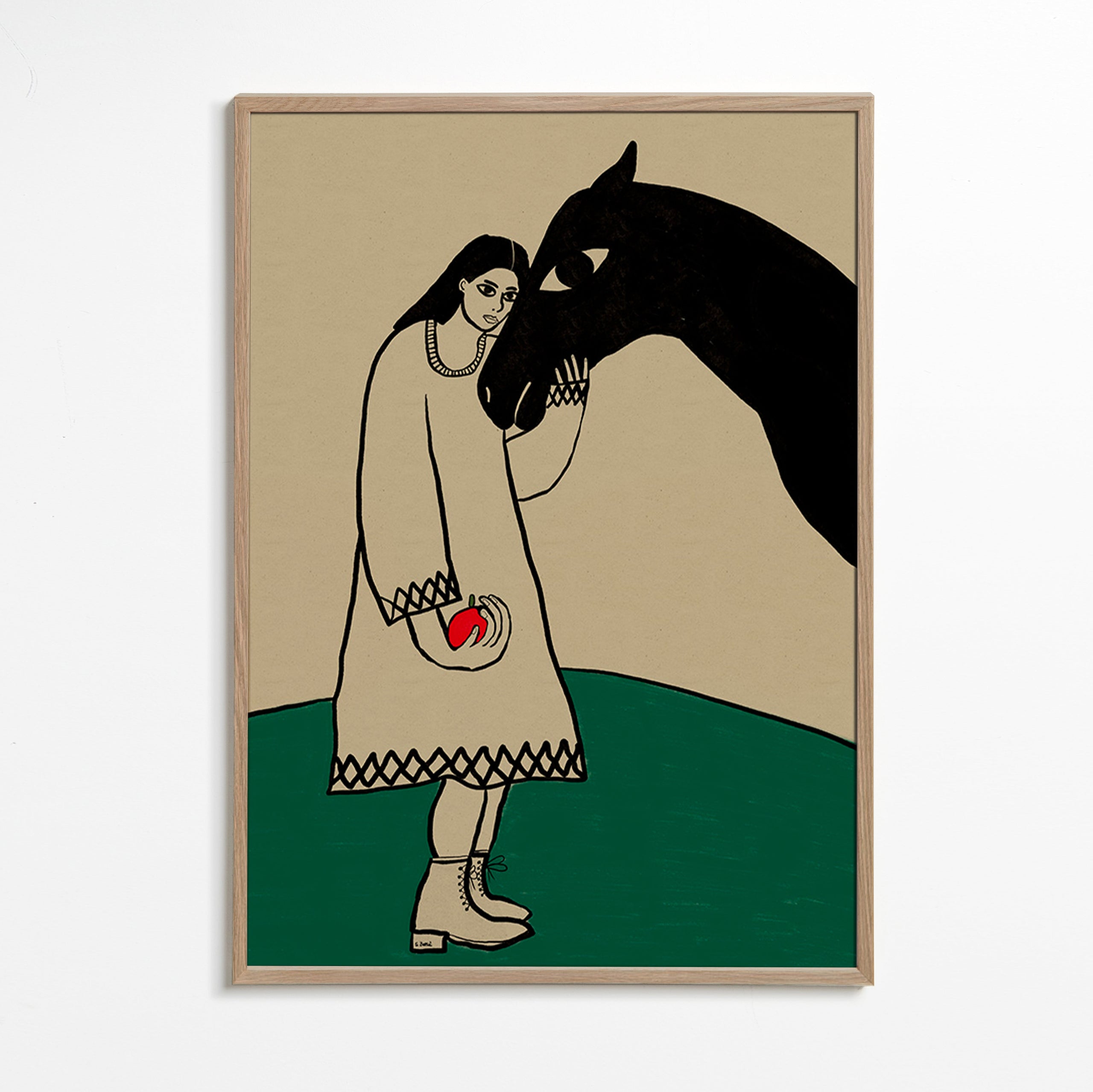 Hestillustration med kvinde og æble – Oak Frame