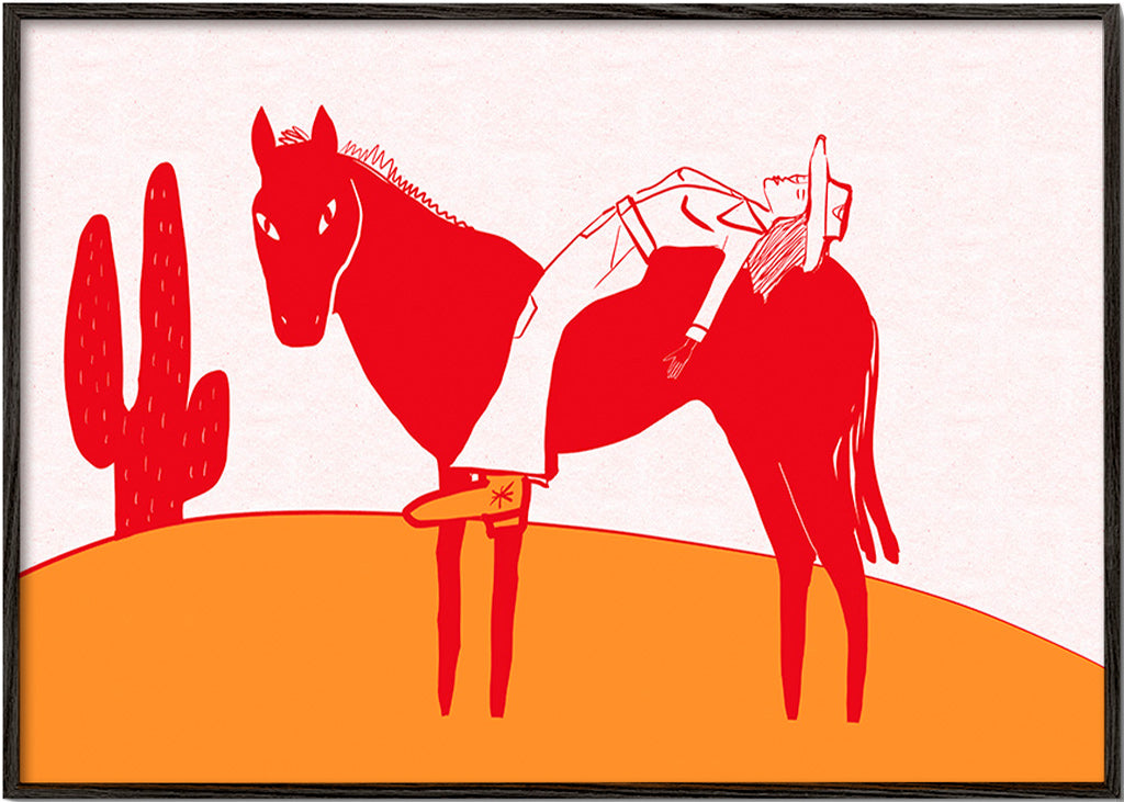 Plakat cowgirl hvilende på rød hest – Black Frame