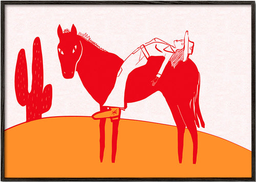 Plakat cowgirl hvilende på rød hest – Black Frame